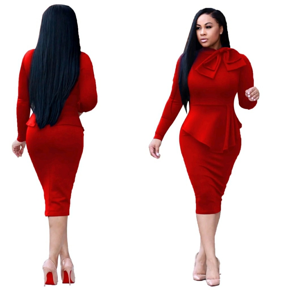 Women's Long Sleeve Red Elegant Midi Dress